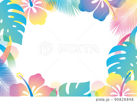 ネオンカラーのレトロポップなハイビスカスフレーム夏 90826848