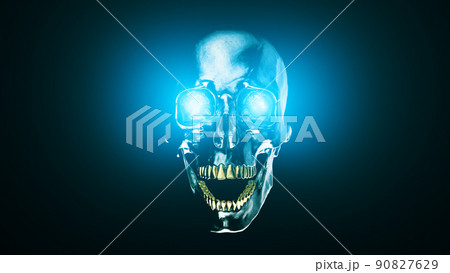 Steel Human Skull with blue glowing eyes 3d render 90827629