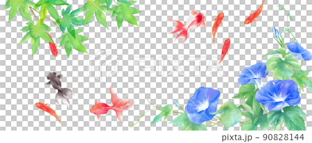金魚と朝顔の花と睡蓮の葉で構成した、夏のバナー背景。水彩イラスト。 金魚と朝顔の花と睡蓮の葉で構成した、夏のバナー背景。水彩イラスト。 90828144