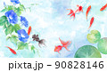 金魚とアサガオと睡蓮の葉で構成した、夏のイメージ背景。水彩イラスト。暑中お見舞い。金魚の影あり。  90828146