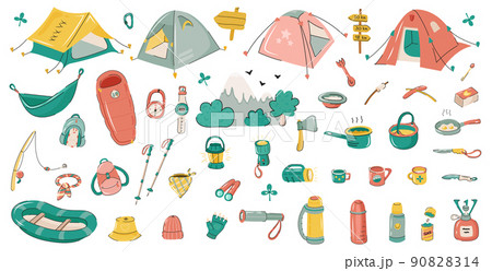 Hiking bundle. Hand drawn vector tourist equipment - tents, sleeping bag, hammock, trekking poles, backpacks, compass, flashlights, binoculars, camp kitchen utensil, clothes. Camping, hiking. Hiking bundle. Hand drawn vector tourist equipment - tents, sleeping bag, hammock, trekking poles, backpacks, compass, flashlights, binoculars, camp kitchen utensil, clothes. Camping, hiking. 90828314