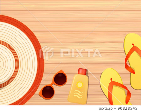 Summer holiday concept, hat, sunglasses, sun protection, flip-flops on wooden background top view 90828545