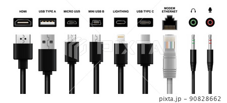 Computer cable, plug, wire realistic vector mockup 90828662