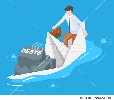 Man in sinking paper boat due to outstanding debts Man in sinking paper boat due to outstanding debts 90828740