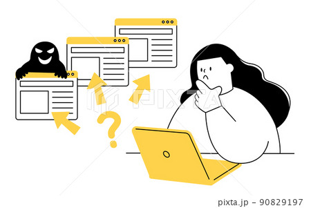 ノートパソコンで正しいサイトを選ぶ女性のベクターイラスト。 90829197