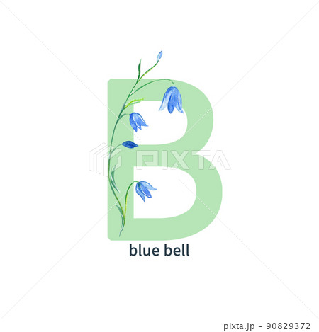 Letter B, blue bell, ABC botanical alphabet. Watercolor illustration isolated on white background 90829372