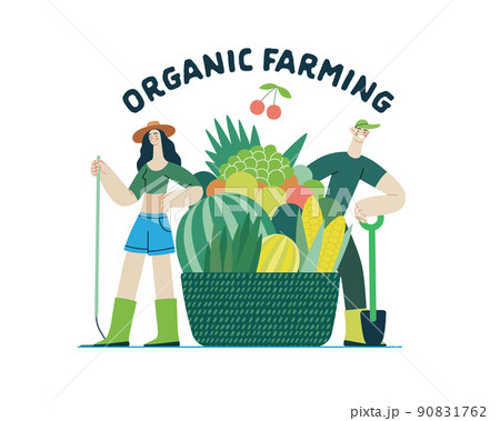Ecology - Organic farming -Modern flat vector concept illustration of ecology metaphor, a man and a woman with harvest in the basket. Creative landing web page template 90831762