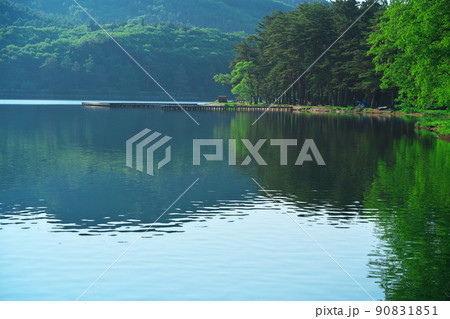 春の朝霧に煙る木崎湖キャンプ場 90831851