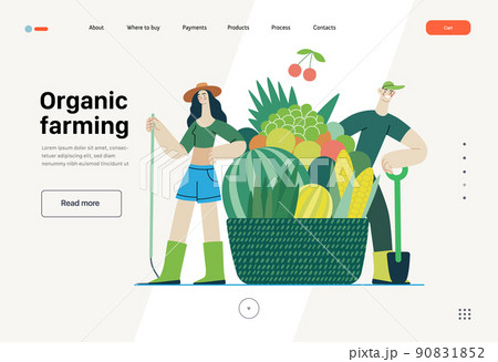 Ecology - Organic farming -Modern flat vector concept illustration of ecology metaphor, a man and a woman with harvest in the basket. Creative landing web page template 90831852