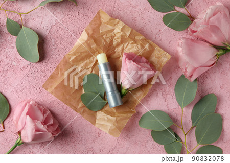 Concept of cosmetic with eco hygienic lipstick on pink background 90832078