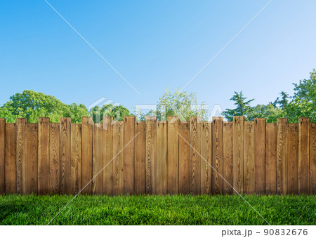 wooden garden fence at backyard and trees wooden garden fence at backyard and trees 90832676