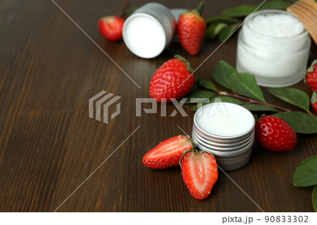 Concept of eco face care cosmetic on wooden background Concept of eco face care cosmetic on wooden background 90833302