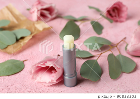 Concept of cosmetic with eco hygienic lipstick on pink background 90833303