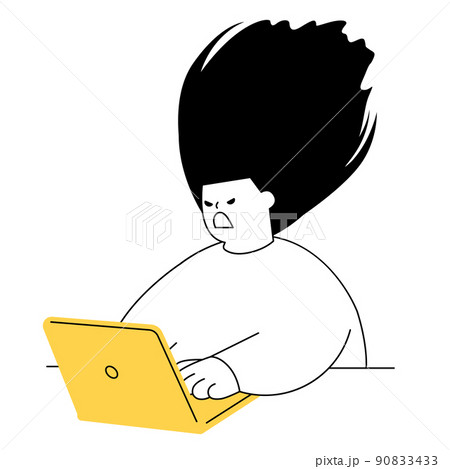 ノートパソコンを操作して怒りが爆発している女性のベクターイラスト。 90833433