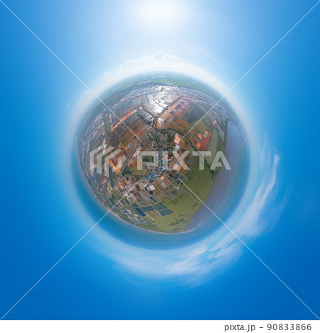 Little planet 360 degree sphere. Panorama of aerial view of natural sea salt ponds. Farm field outdoor. Material in traditional industry in Thailand. Asia culture. Agriculture irrigation. Little planet 360 degree sphere. Panorama of aerial view of natural sea salt ponds. Farm field outdoor. Material in traditional industry in Thailand. Asia culture. Agriculture irrigation. 90833866