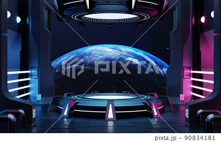 Sci-fi product podium showcase in empty spaceship room with blue earth background. Cyberpunk blue and pink color neon space technology and entertainment object concept. 3D illustration rendering 90834181