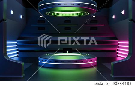 Cyberpunk sci-fi product podium showcase in spaceship with green blue and pink neon lighting background. Technology and object concept. 3D illustration rendering 90834183