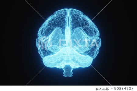 Glowing X-ray image of human brain in blue wireframe on isolated black background. Science and medical concept. In front of brain. 3D illustration rendering 90834207