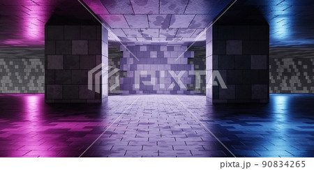 Empty room with retro tile wall and blue and purple-pink neon light background. Abstract architecture and cyber technology for advertising concept. 3D illustration rendering Empty room with retro tile wall and blue and purple-pink neon light background. Abstract architecture and cyber technology for advertising concept. 3D illustration rendering 90834265