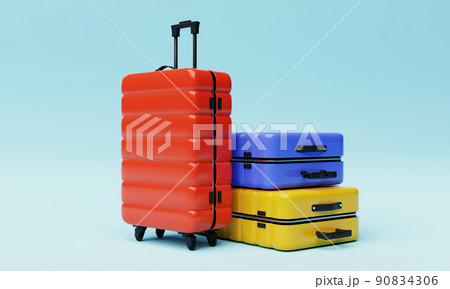 Colorful trolley suitcases on light blue background. Travel object and wanderlust concept. 3D illustration rendering Colorful trolley suitcases on light blue background. Travel object and wanderlust concept. 3D illustration rendering 90834306