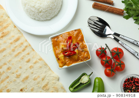Concept of tasty food with chicken tikka on white background 90834918