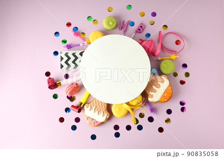 Birthday accessories on light violet background, space for text Birthday accessories on light violet background, space for text 90835058