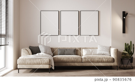 blank canvas mock up in modern living room interior with beige sofa, wooden floor, wall panel and cactus, 3d rendering 90835676