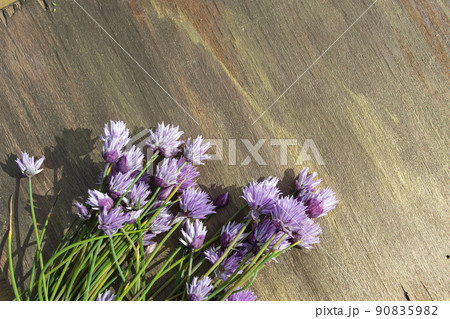 Lilac delicate flowers on a brown wooden background, delicate flowers on a wooden background. 90835982