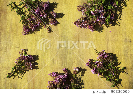 Lilac delicate flowers on a brown wooden background, delicate flowers on a wooden background.  90836009