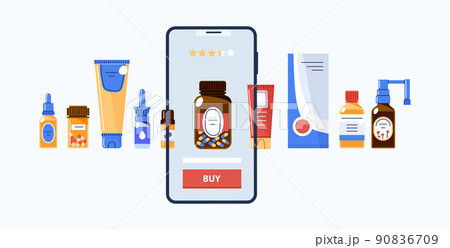 Buy medications with mobile app in online shop.Vector flat illustration. Buy medications with mobile app in online shop.Vector flat illustration. 90836709