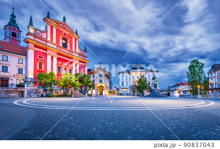 Ljubljana, Slovenia. Cathedral and Preseren Square, twilight blue hour Ljubljana, Slovenia. Cathedral and Preseren Square, twilight blue hour 90837043