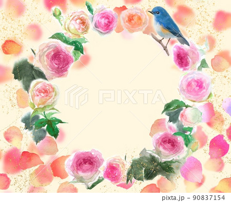 舞い散るバラの花びらとピンクのバラのピエールドロンサールのフラワーリース水彩画手描きイラスト 90837154