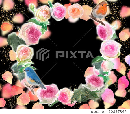 舞い散るバラの花びらと小鳥達とピンクのバラのピエールドロンサールのフラワーリース水彩画手描きイラスト 90837342