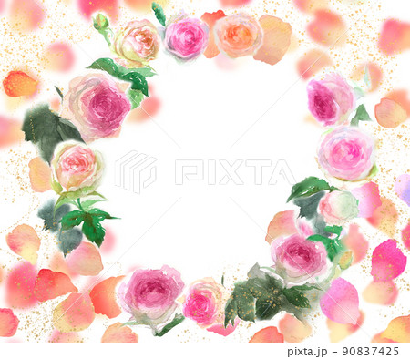 舞い散るバラの花びらとピンクのバラのピエールドロンサールのフラワーリース水彩画手描きイラスト 90837425