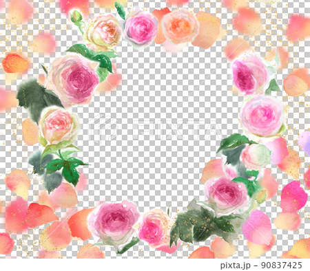 舞い散るバラの花びらとピンクのバラのピエールドロンサールのフラワーリース水彩画手描きイラスト 90837425