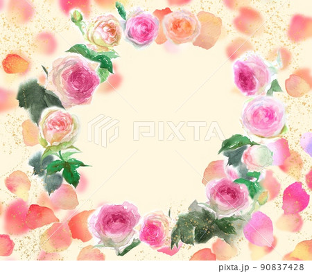 舞い散るバラの花びらとピンクのバラのピエールドロンサールのフラワーリース水彩画手描きイラスト 90837428