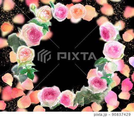 舞い散るバラの花びらとピンクのバラのピエールドロンサールのフラワーリース水彩画手描きイラスト 90837429