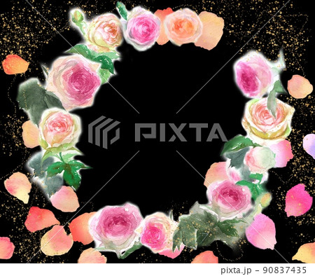 舞い散るバラの花びらとピンクのバラのピエールドロンサールのフラワーリース水彩画手描きイラスト 90837435