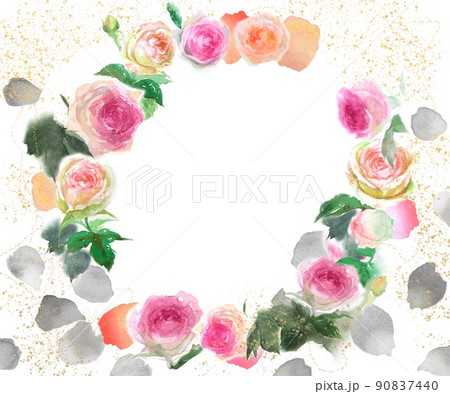 舞い散るバラの花びらとピンクのバラのピエールドロンサールのフラワーリース水彩画手描きイラスト 90837440