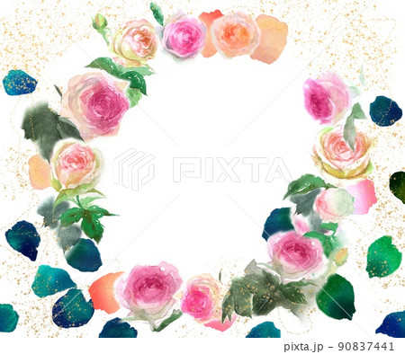 舞い散るバラの花びらとピンクのバラのピエールドロンサールのフラワーリース水彩画手描きイラスト 90837441