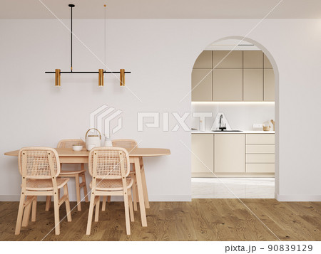 3d rendering of a light rustic country kitchen with wooden furniture, a wooden table and Nordic chairs 3d rendering of a light rustic country kitchen with wooden furniture, a wooden table and Nordic chairs 90839129