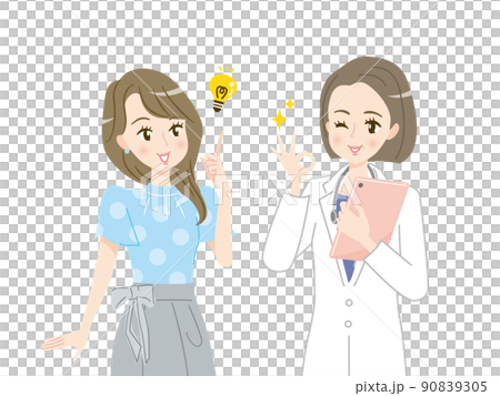 一位向女醫生諮詢並微笑的年輕女性的插圖素材 一位向女醫生諮詢並微笑的年輕女性的插圖素材 90839305