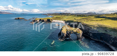 Aerial view of the Great Pollet Sea Arch, Fanad Peninsula, County Donegal, Ireland 90839728
