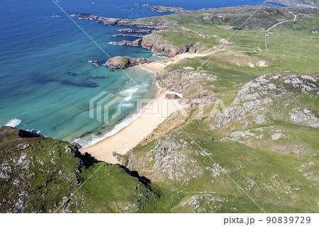 Aerial view of the Murder Hole beach, officially called Boyeeghether Bay in County Donegal, Ireland 90839729