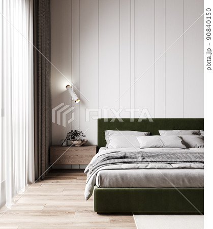 Minimalist modern bedroom interior with green bed, 3D render Minimalist modern bedroom interior with green bed, 3D render 90840150