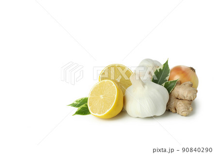 Concept of treatment colds with honey and garlic isolated on white background 90840290