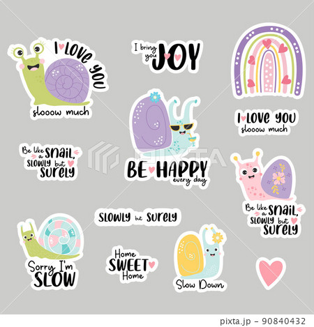 Set of stickers with cute snails, rainbow and funny phrases about love and slowness and insect molluscs. Vector illustration. Isolated elements for design, decor, printing and decoration. 90840432