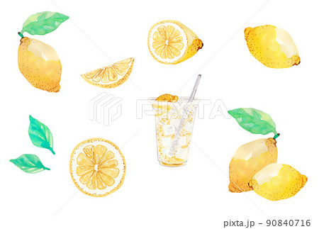 イラスト素材 水彩絵の具で手描きしたフレッシュレモンのセット レモネード付き 切り抜きのイラスト素材
