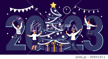 Happy people celebrating merry Christmas and happy new year dancing 90841811