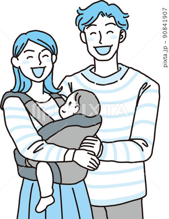 笑顔のパパと抱っこ紐ママ_上半身像_シアン 90841907